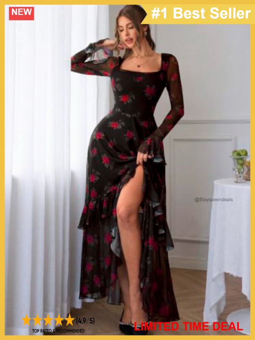 Women's Floral Mesh Square Neck Bell Sleeve High-Low Ruffle Maxi Dress - Picture 4 of 6